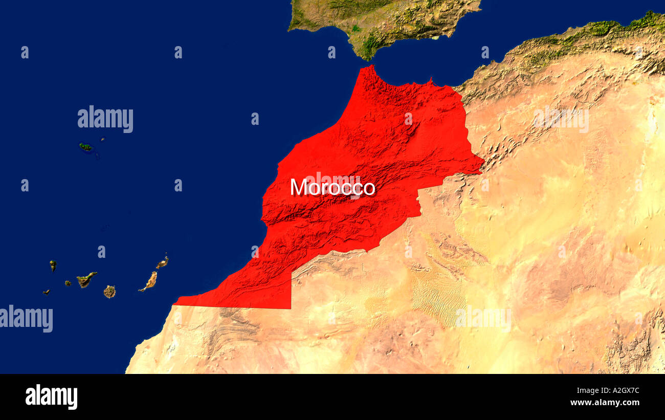 Image satellite du Maroc en surbrillance Banque D'Images