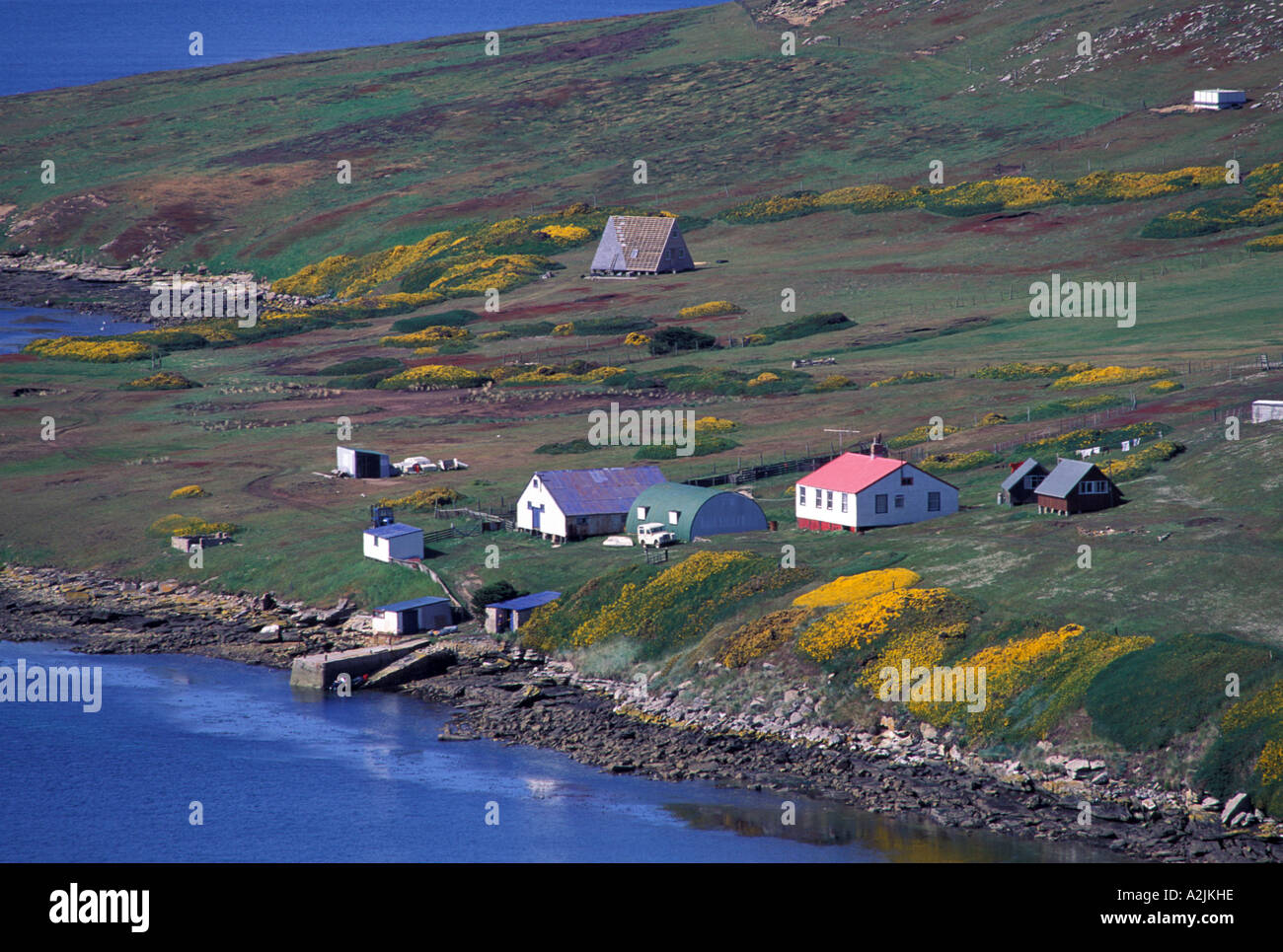 L'antarctique, Sub-Antarctic, la Géorgie du Sud. De petites maisons qui parsèment le littoral Banque D'Images