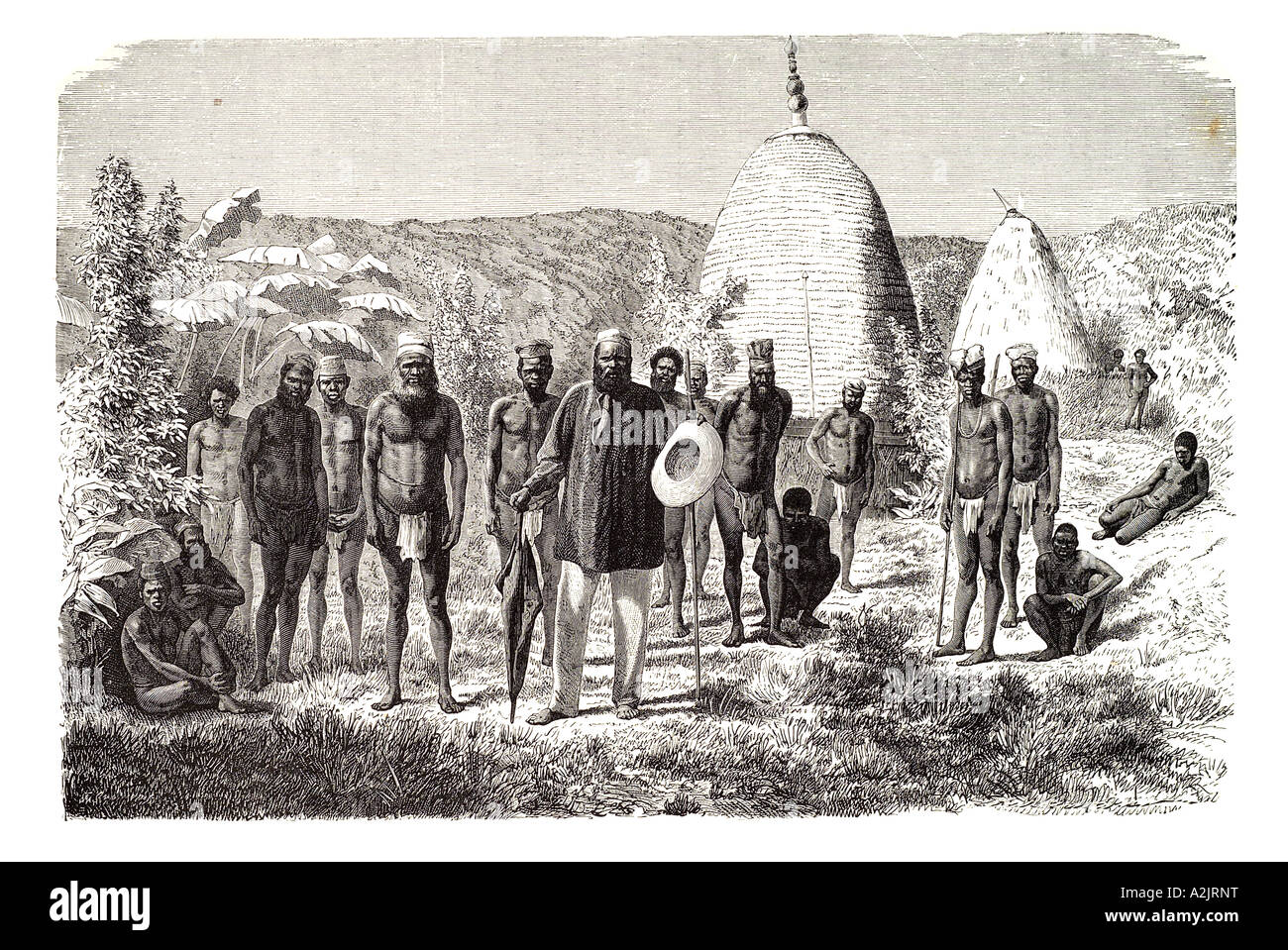 Les personnes autochtones indigènes Kabomba Afrique dome house tour explorer noir groupe negro village hommes barbe Banque D'Images