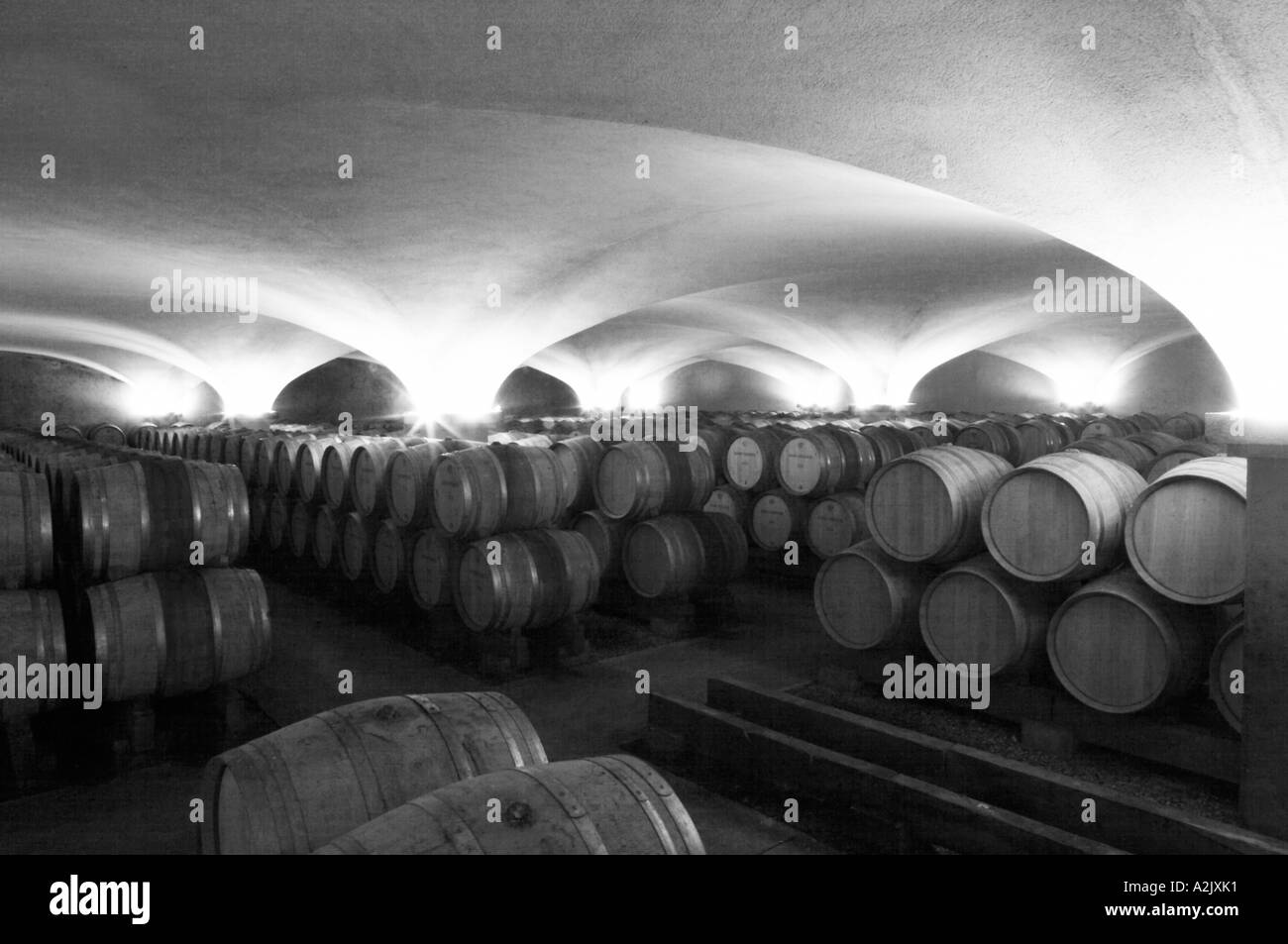 Le style ancien avec cave voûtée en barriques Chêne pièces avec du vin blanc et noir maturation bw, Maison Louis Jadot Beaune, Côte Côte d ou Bourgogne Bourgogne France Bourgogne français Europe European Banque D'Images