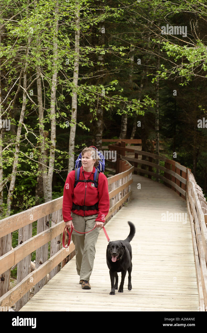 Randonnée Femme avec chien noir et l'enfant en sac à dos à dos quatre grandes grottes de glace Trail Snohomish Comté Cascade Mountains Washington Banque D'Images