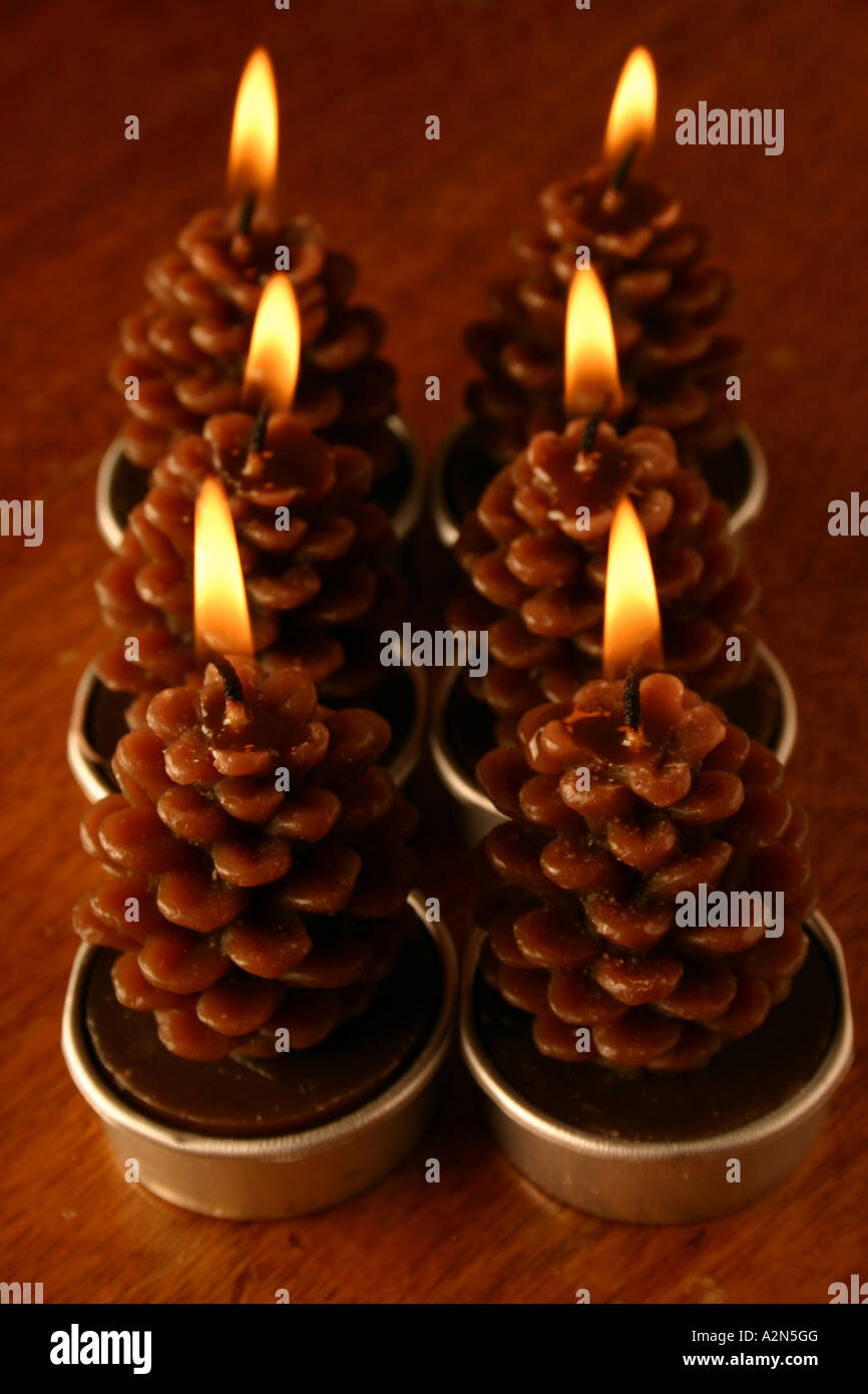 Portrait de cônes de pin allumé des bougies de forme Banque D'Images