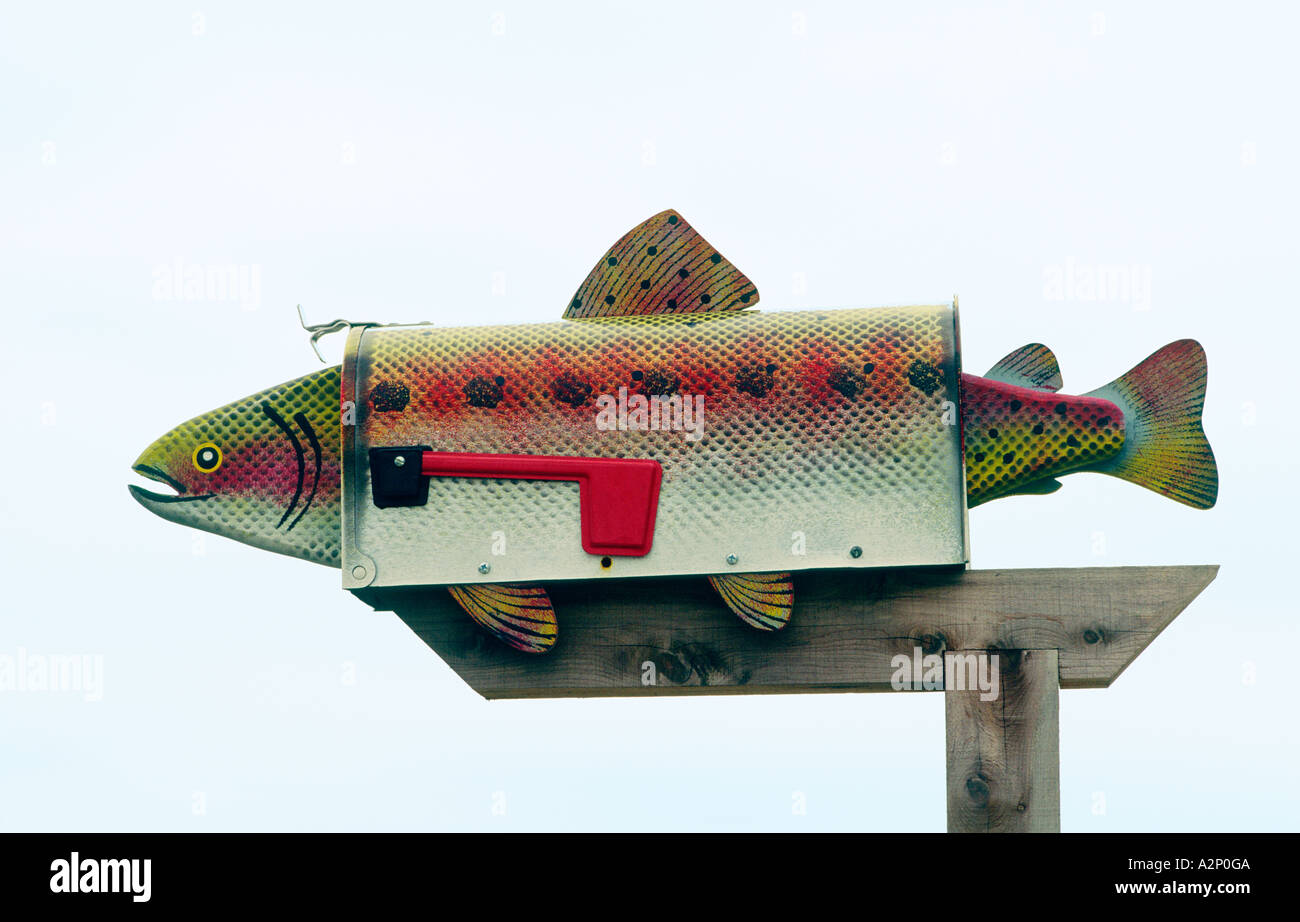 Boîte aux lettres en bordure des Etats-Unis d'Amérique en forme de poisson. USA Banque D'Images