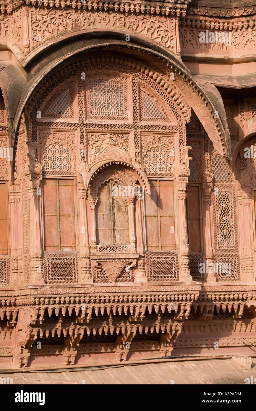 Inde Rajasthan Jodhpur Meherangarh Fort de grès sculptés ornés exterior Banque D'Images