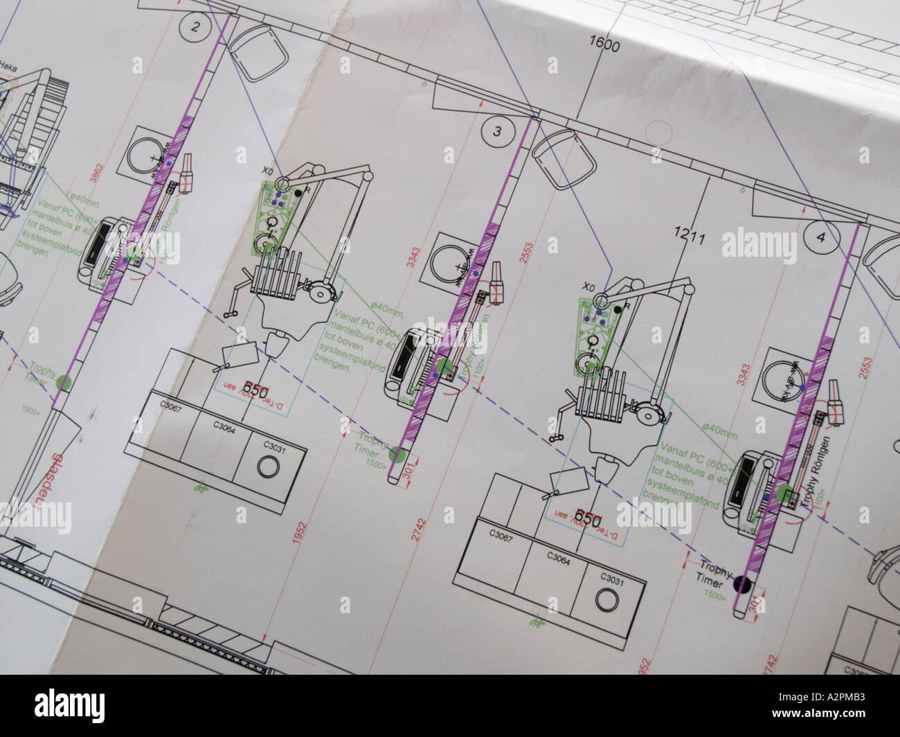 Plan de construction en papier dans ce cas d'une clinique dentaire notes de couleur Tailles mesures et autres détails sur elle Banque D'Images