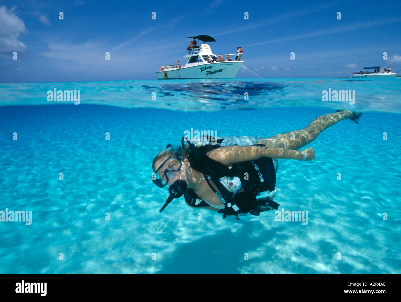 Îles Turks Caicos Providenciales Sagesse Avril avec équipement de plongée nage loin de bateau de plongée Banque D'Images