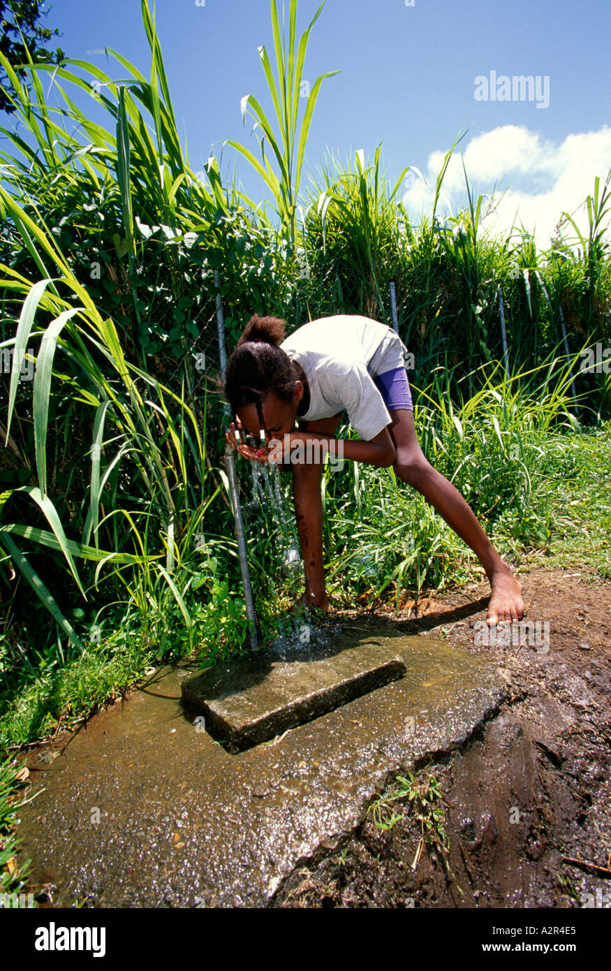 Martinique jeune fille à l'eau potable dans les collines au-dessus de Bellafontaine source Banque D'Images