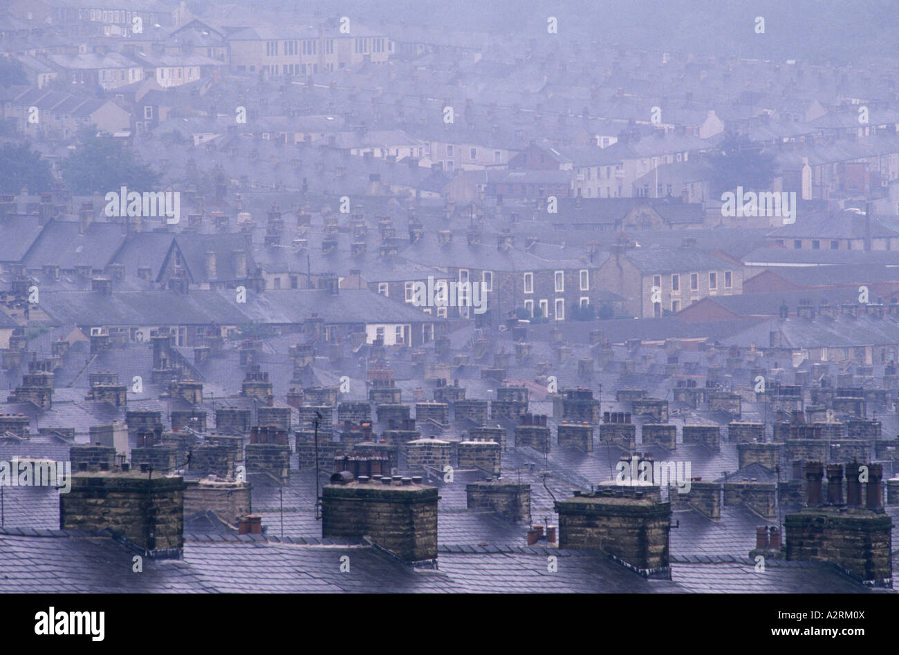 Toits, les toits d'Accrington Lancashire. Rangée arrière abritant une ville industrielle du nord de l'Angleterre, des maisons de la classe ouvrière. Années 1990 années 90 Royaume-Uni HOMER SYKES Banque D'Images