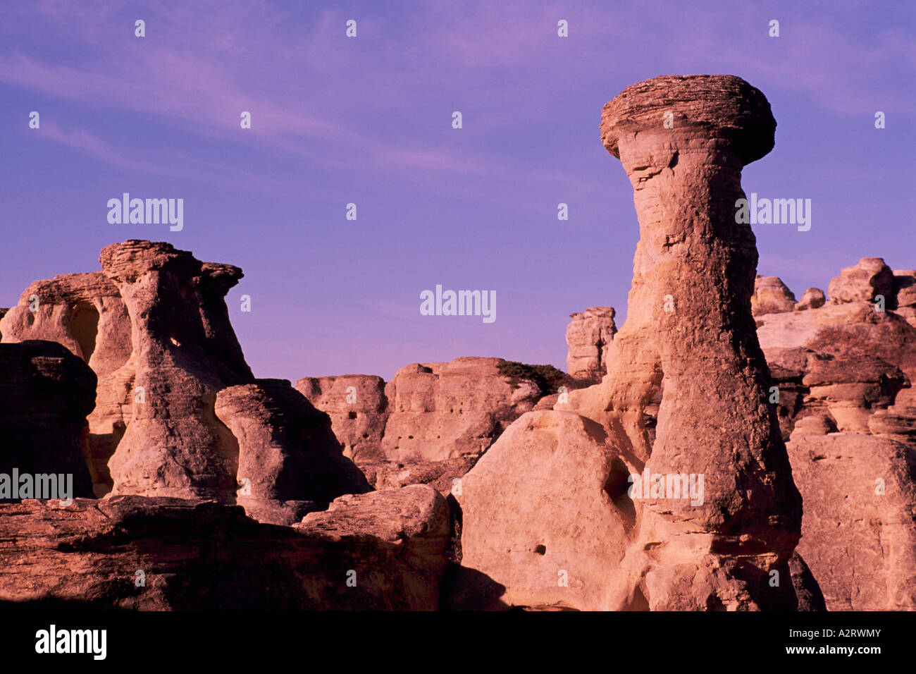 Les cheminées dans les Badlands, Writing-on-Stone Provincial Park, Alberta, Canada Banque D'Images