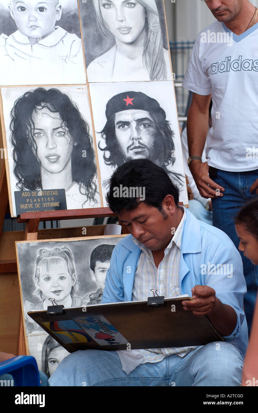 Stand caricaturiste dans le centre-ville de Guayaquil, en Équateur. Banque D'Images