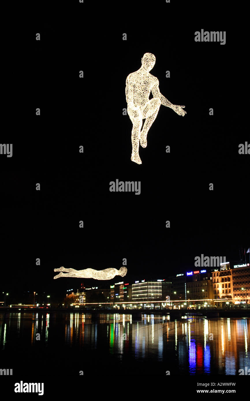 En forme de sculptures humaines qui pèsent sur le Rhône, Genève, Suisse Banque D'Images
