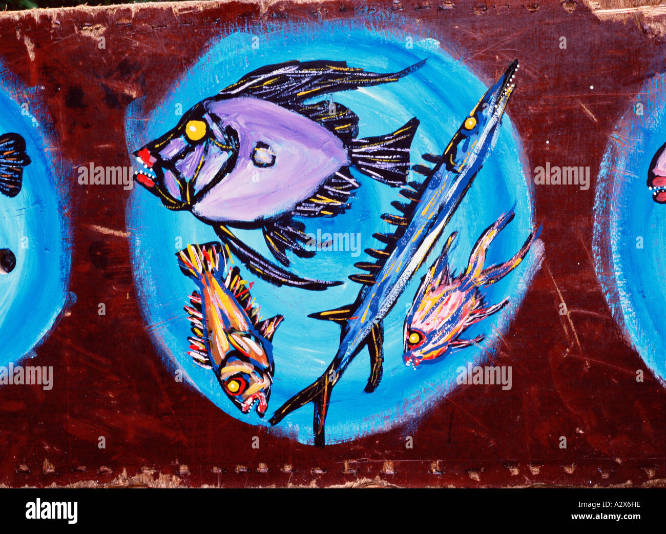 L'art australien de peinture Nature morte avec des poissons dans une assiette. Banque D'Images