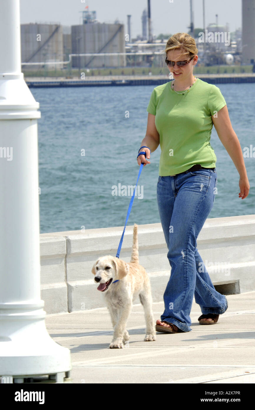 Les jeunes femelles adultes en tenant son chien pour une promenade Banque D'Images