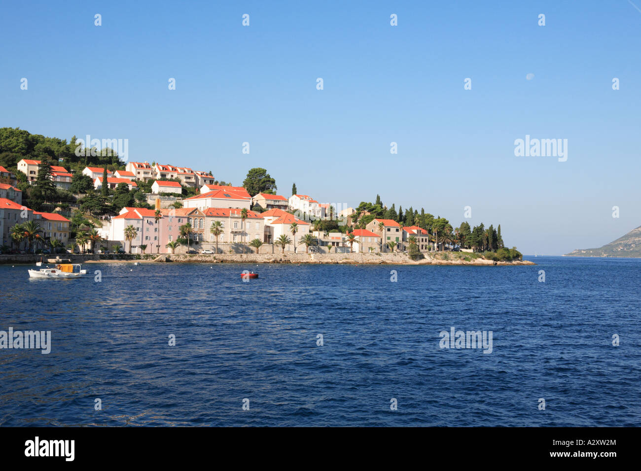 Maisons sur la côte adriatique de l'île de Korcula, Croatie Banque D'Images