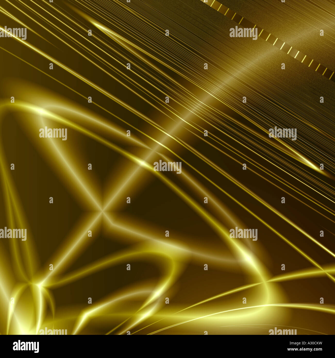 Œuvre d'art numérique abstraite avec des stries de lumière dorée coulantes et des lignes qui se croisent sur un fond sombre, créant un effet visuel élégant et futuriste Banque D'Images