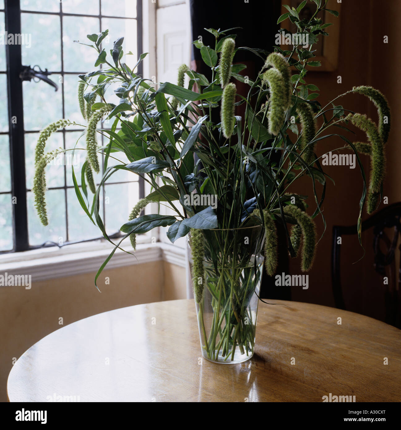 Vase en verre avec des graminées sauvages sur table ronde en bois Banque D'Images