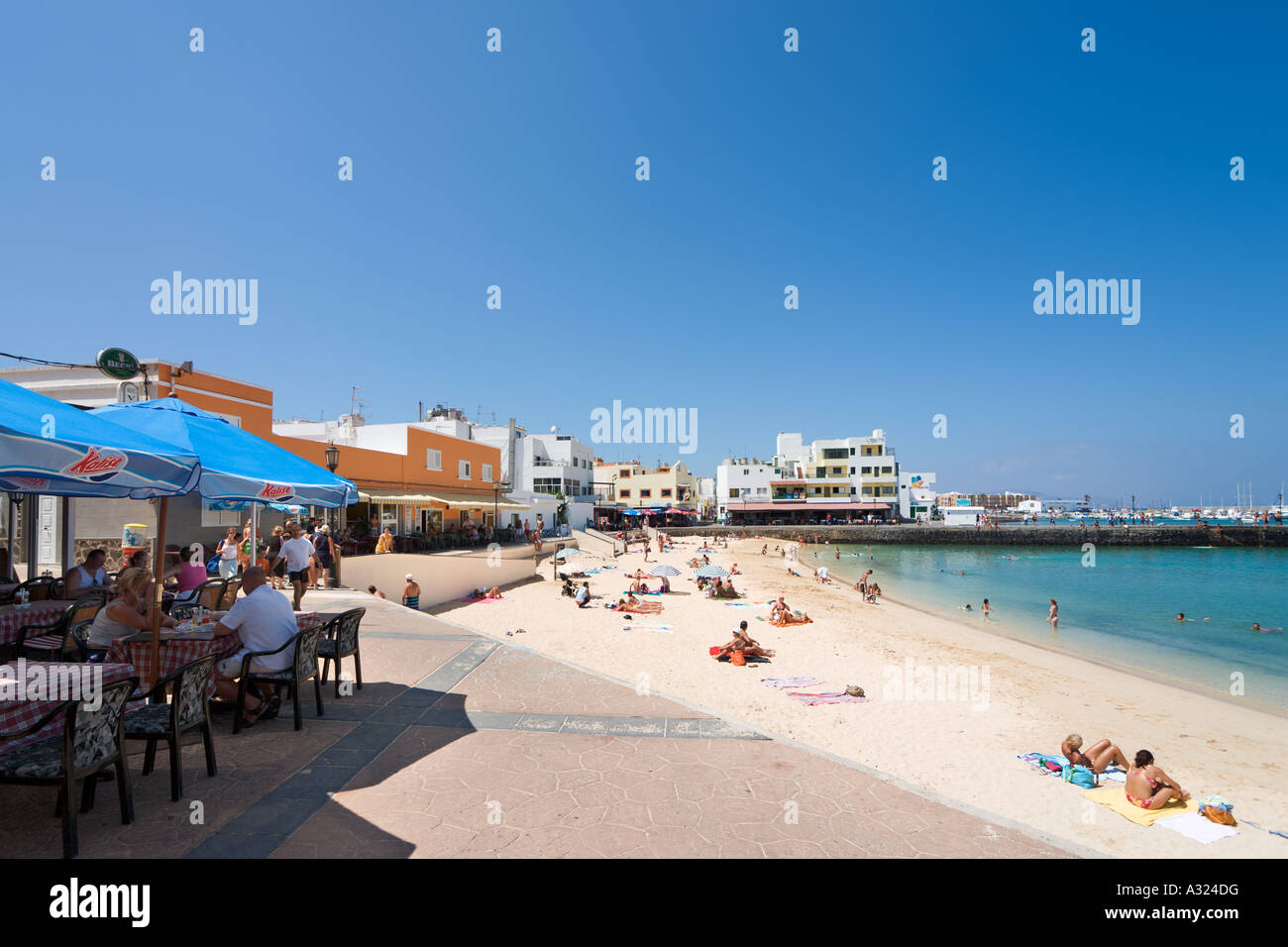 Plage, promenade et cafe au centre de la station, Corralejo, Fuerteventura, Îles Canaries, Espagne Banque D'Images
