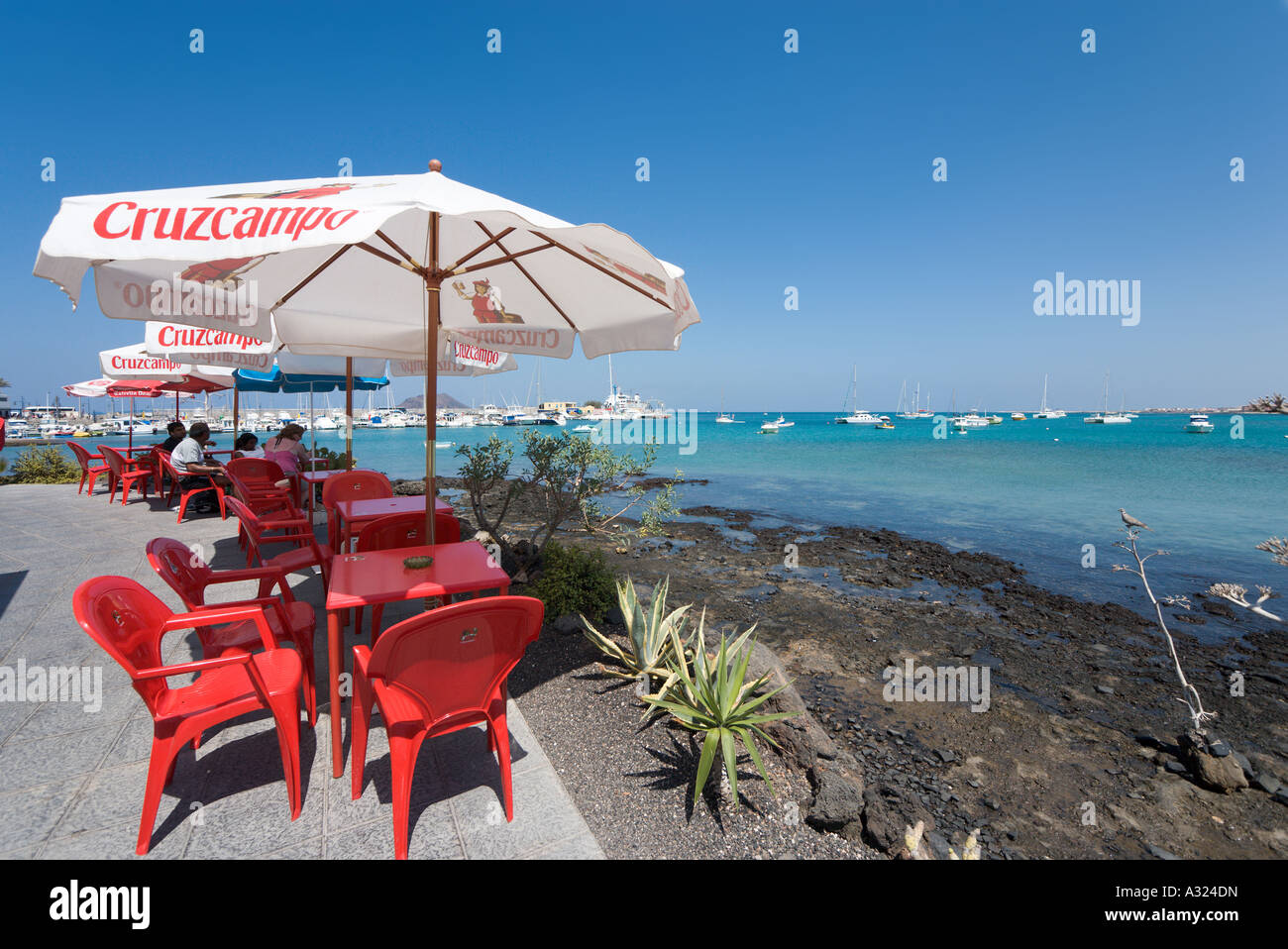 Café en bord de mer au centre de la station à la recherche vers le quai des ferries, Corralejo, Fuerteventura, Îles Canaries, Espagne Banque D'Images