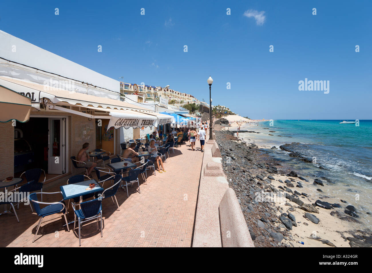 Restaurant en bord de mer et des boutiques de la vieille ville, Jandia (Morro Jable), Fuerteventura, Îles Canaries, Espagne Banque D'Images