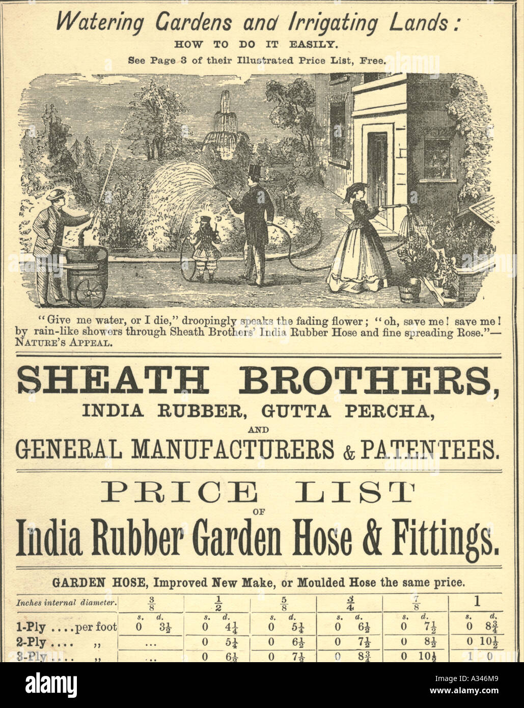 Tuyau de jardin en caoutchouc de l'Inde Liste des prix vers 1860 Banque D'Images