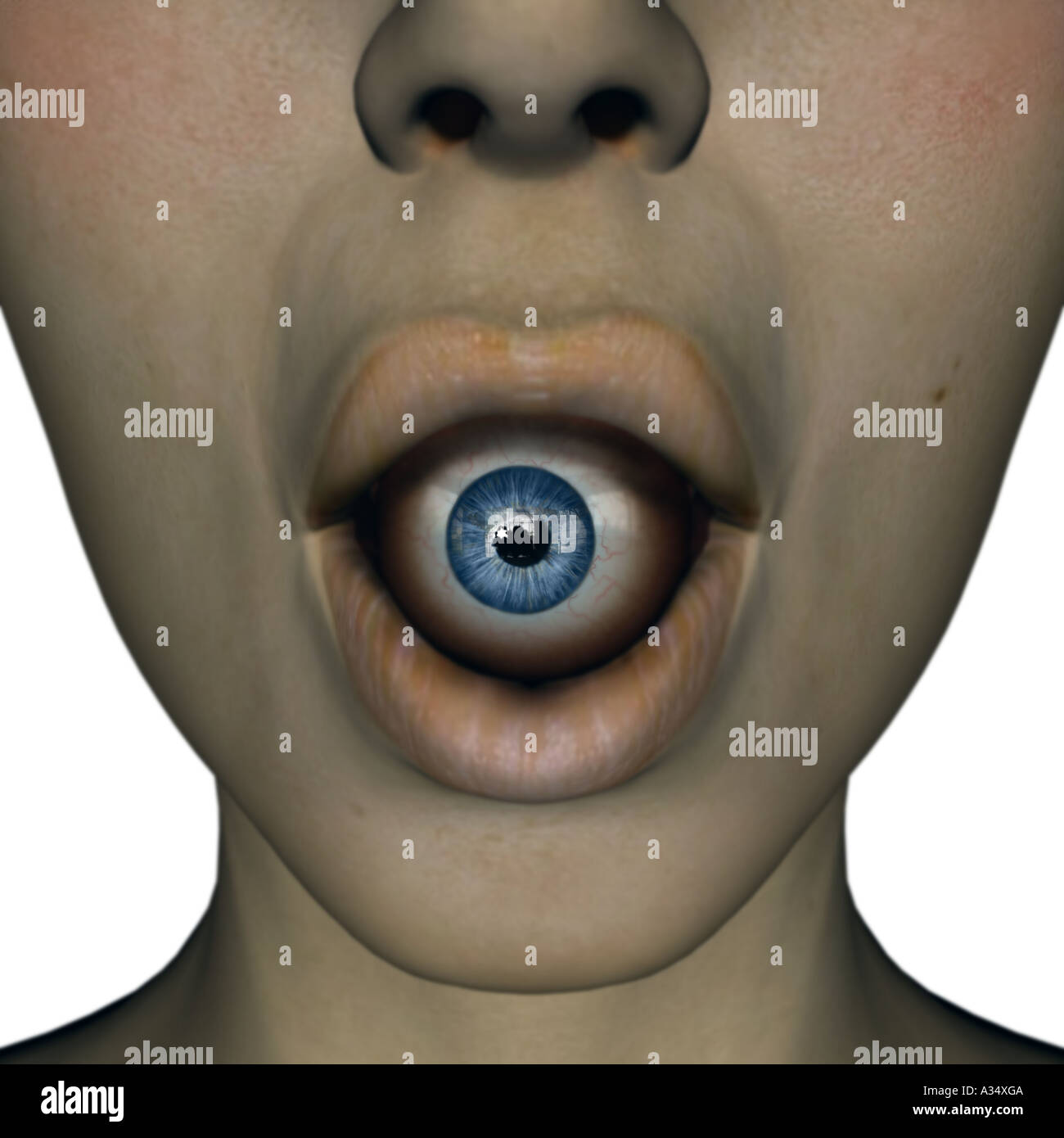 Image composite montrant un visage de femme avec la bouche ouverte et un oeil à l'intérieur à l'extérieur Banque D'Images
