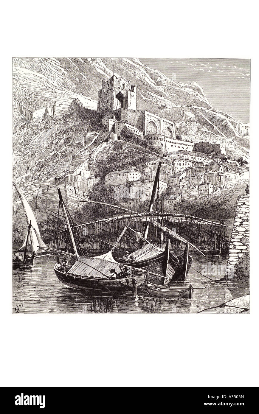 Bateau à voile à voile port port de commerce de pêche au nord de la Citadelle du château maure rock British Empire avant-poste de la colonie britannique de la Méditerranée Banque D'Images