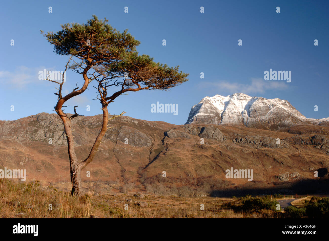 Slioch Loch Maree montagne domine à Kinlochewe, Wester Ross dans les Highlands écossais. XPL 4465-422 Banque D'Images