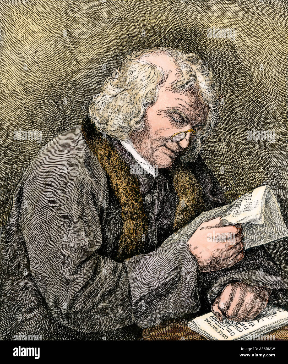 Benjamin Franklin la lecture. À la main, gravure sur bois Banque D'Images