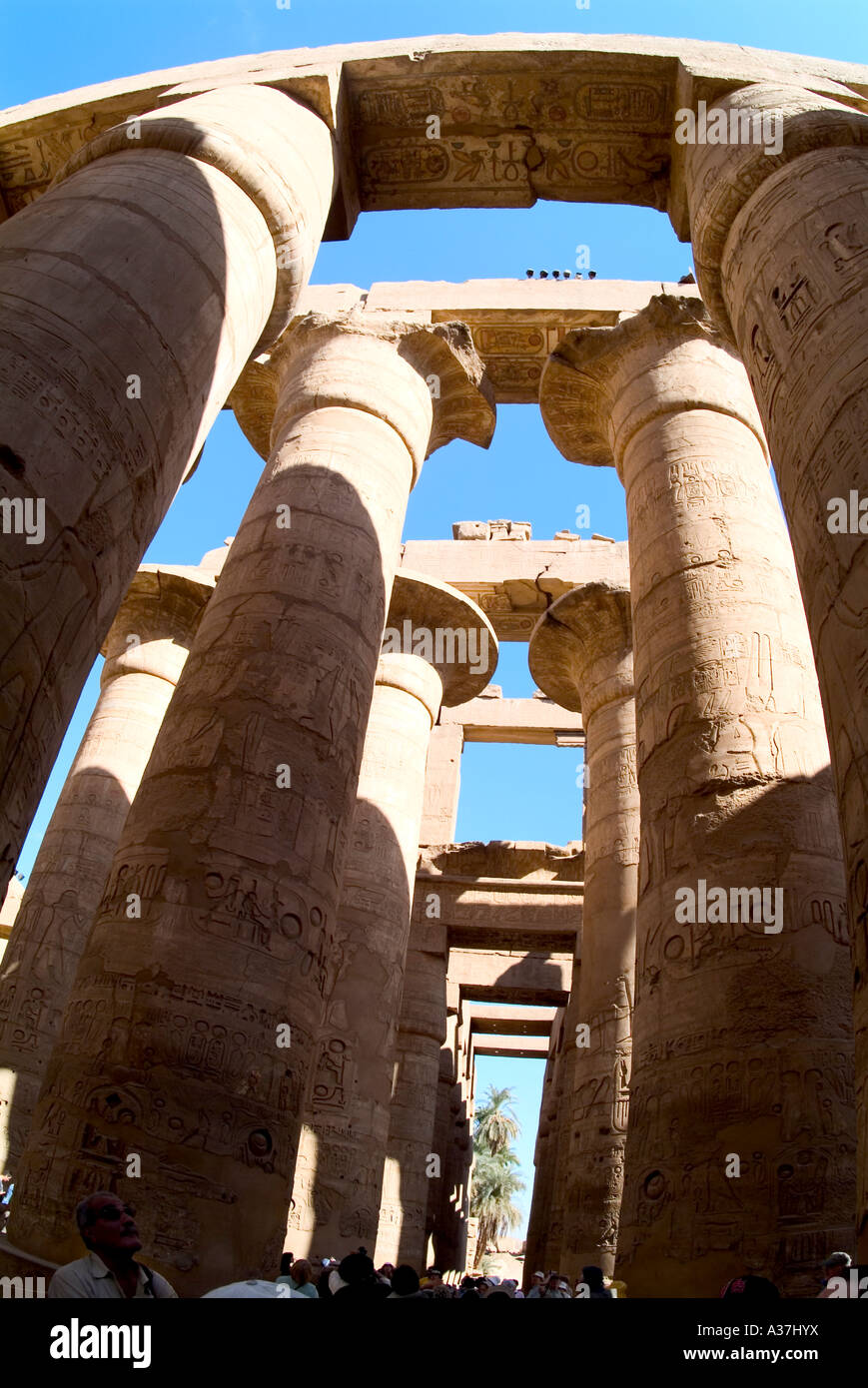 L'intérieur du pylône du Temple de Karnak deuxième grande salle hypostyle 122 bud papyrus de 23 mètres de colonnes de Karnak haute Egypte Afrique du Nord Banque D'Images