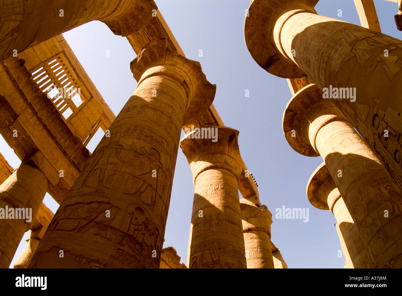 L'intérieur du pylône du Temple de Karnak deuxième grande salle hypostyle 122 bud papyrus de 23 mètres de colonnes de Karnak haute Egypte Afrique du Nord Banque D'Images