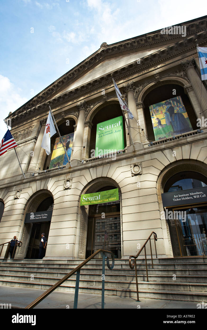 L'ILLINOIS Chicago Art Institute de Chicago sur Michigan Avenue, étapes d'entrée des agents de sécurité des bannières d'exposition Banque D'Images