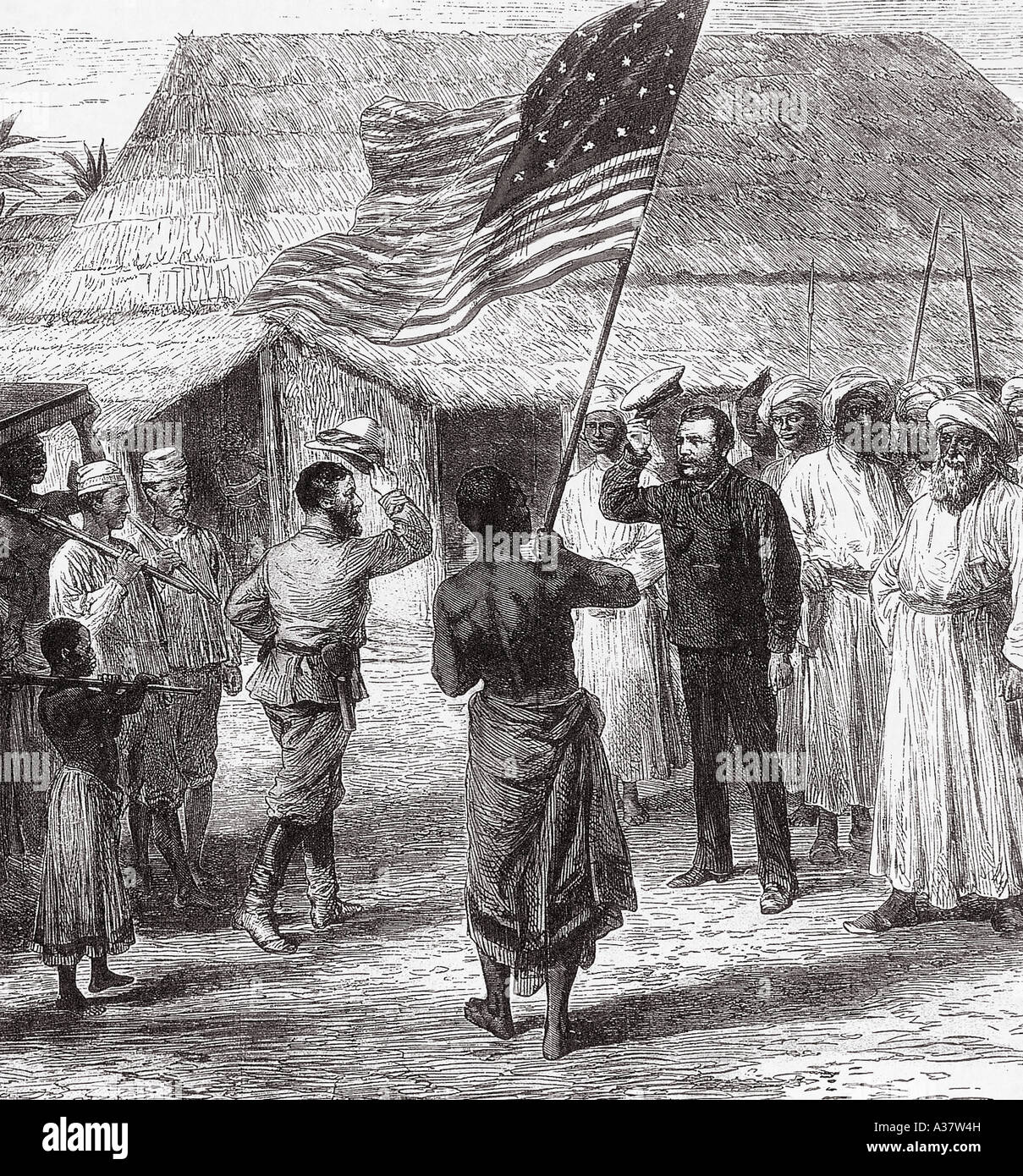 DAVID LIVINGSTONE, gravure de la réunion entre droit à Livingstone à Ujiji Stanley au Tanganyika le 10 novembre 1871 Banque D'Images