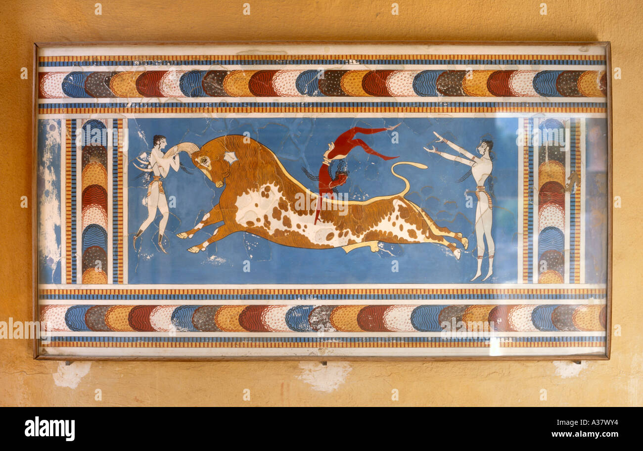 Fresque dans le palais de Knossos, Iraklion (Héraklion, Crète, Grèce) Banque D'Images