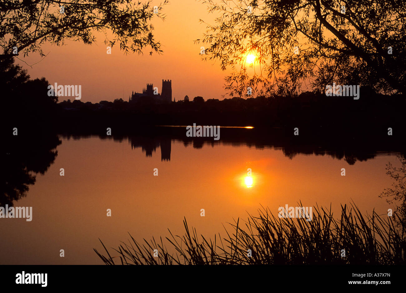Cathédrale d'Ely, silhouette, Red Sunset, Cambridgeshire, East Anglia, Royaume-Uni, Angleterre, l'architecture médiévale, lac, paysage, eau Banque D'Images