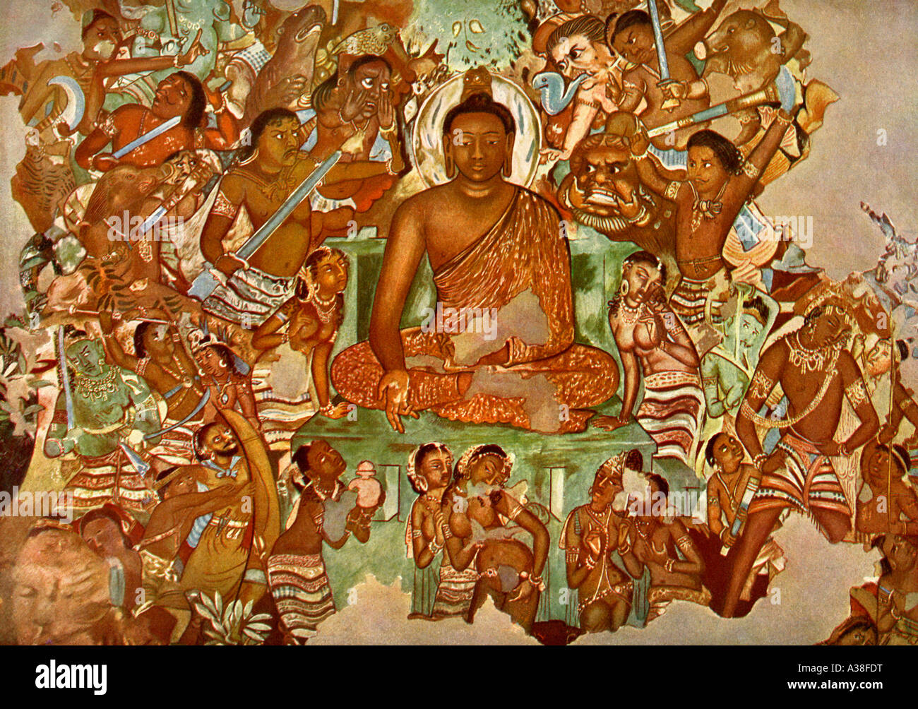 Les essais du Bouddha par Mara et ses filles Banque D'Images