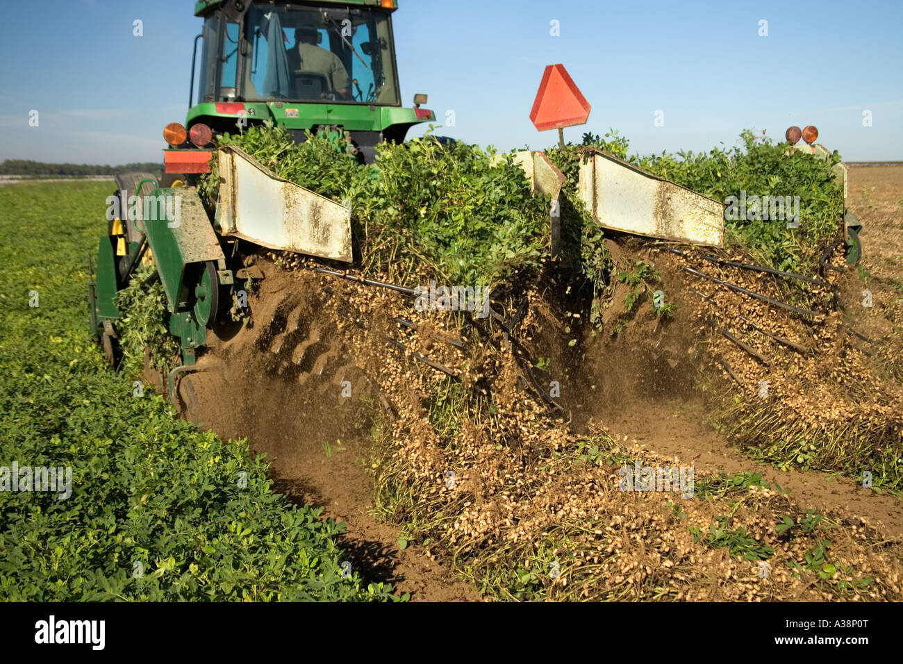 Machine de ramassage d'arachides pour l'inversion de la récolte, tracteur John Deere. Banque D'Images