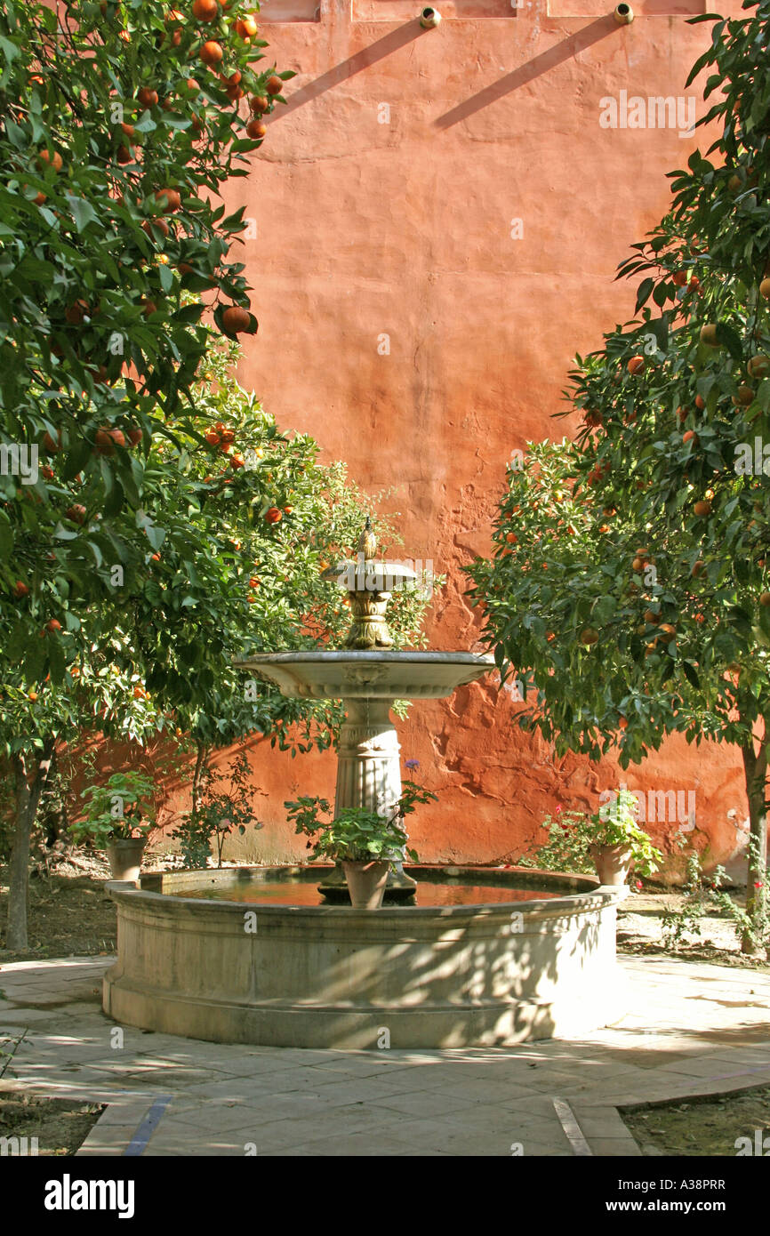 Real Alcazar de Séville et de la fontaine du parc de l'Espagne Andalousie Banque D'Images