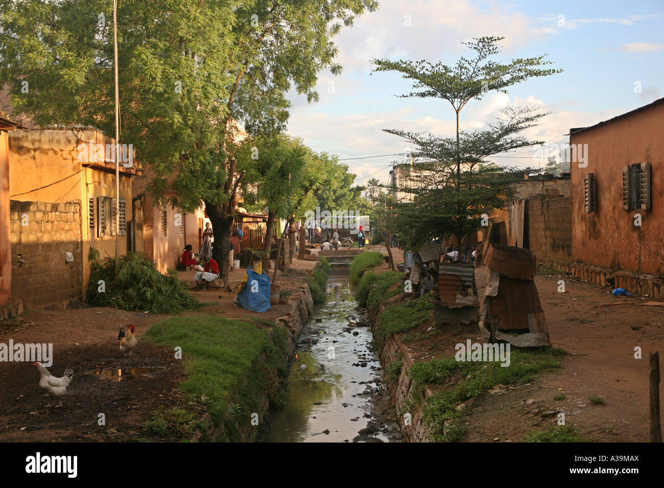 Une banlieue résidentielle de Bamako des égouts à ciel ouvert sont courantes dans le milieu de la rue, Mali, Afrique Banque D'Images