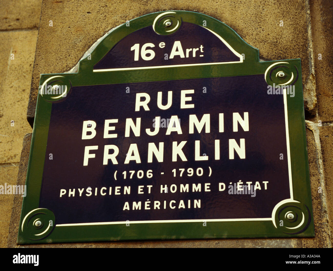 France Paris street sign Rue Benjamin Franklin 16e arrondissement Banque D'Images
