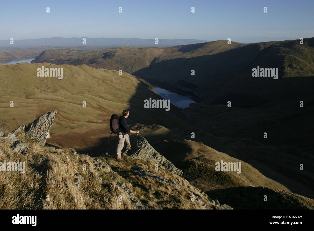 Un homme walker sur l'arête est du mauvais Mardale ci-dessus dans l'Haweswater Bell Far Eastern Fells du Parc National de Lake District Banque D'Images