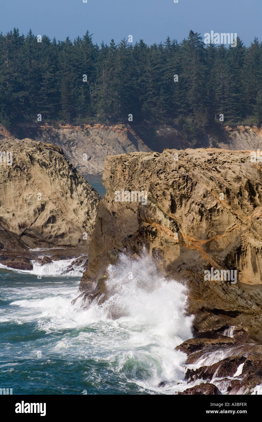 Vagues se brisant sur les falaises rocheuses au cap Arago sur la côte de l'Oregon Banque D'Images