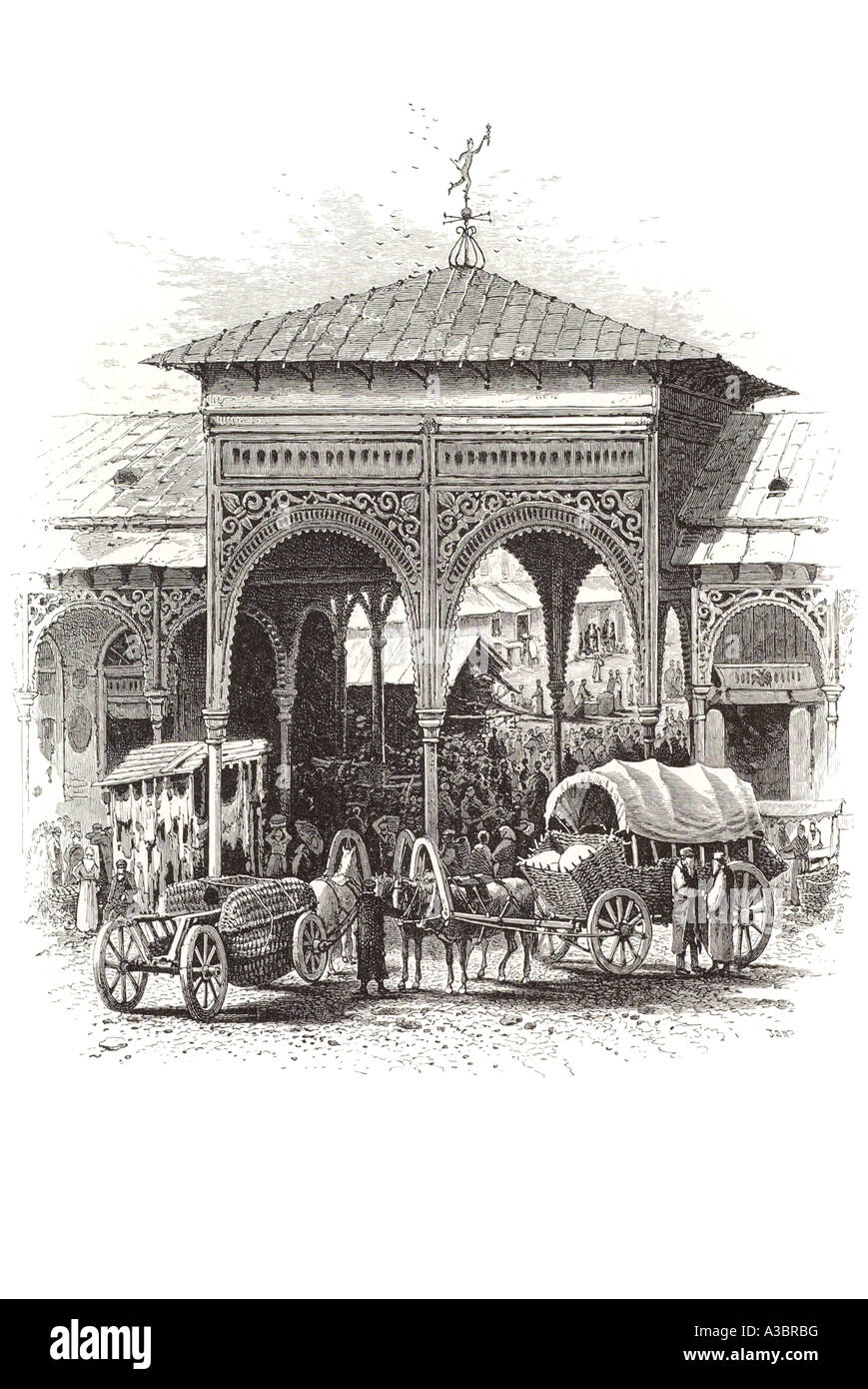 Le commerce juif juif bazar horse cart wagon Pologne Europe gateway arch ornée de bois carré d'entrée en bois polski Warszawa Banque D'Images