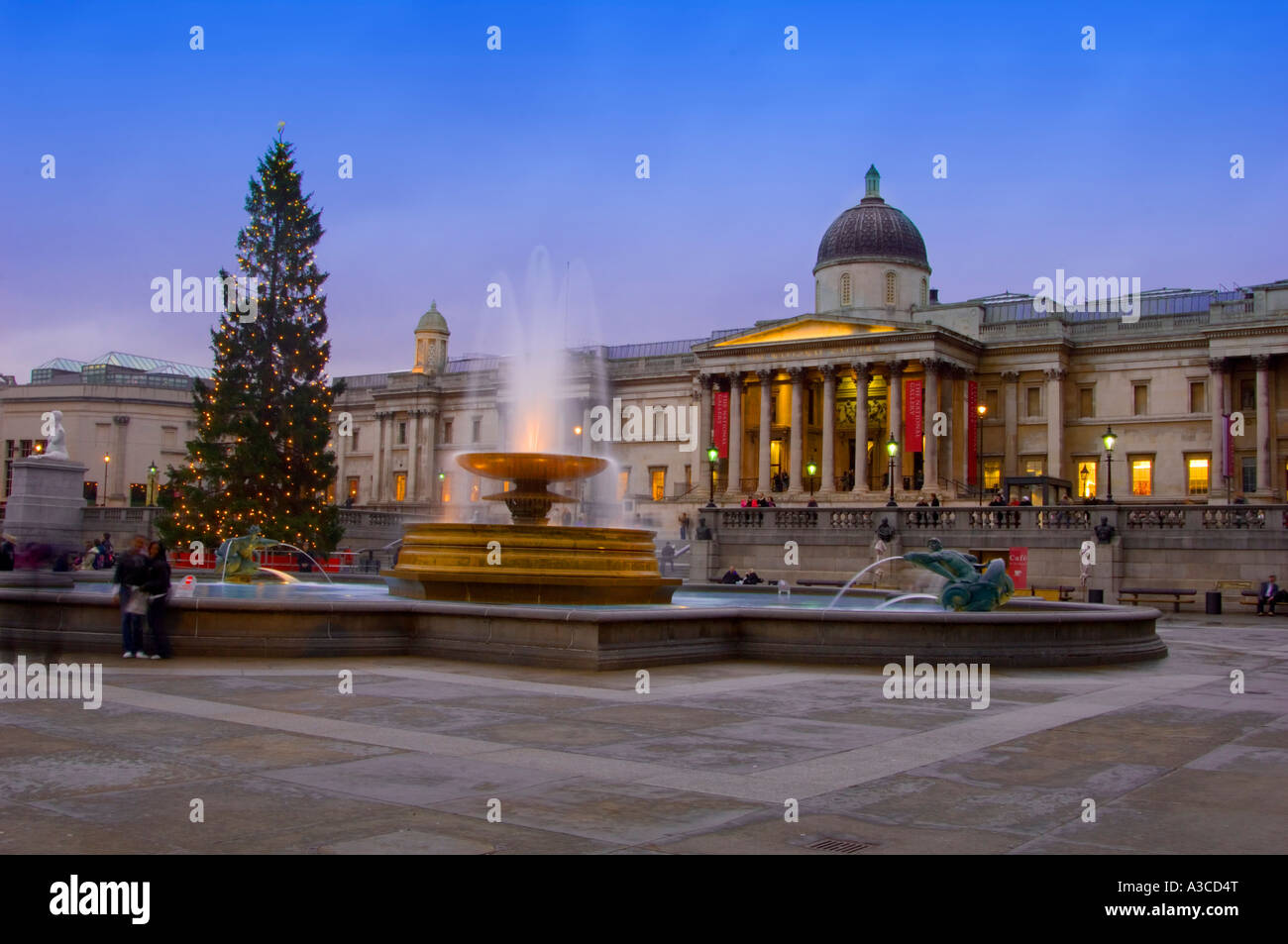 Trafalgar Square à Noël avec un arbre illuminé de nuit cascade et galerie nationale derrière Londres Angleterre Royaume-Uni célèbre tour Banque D'Images