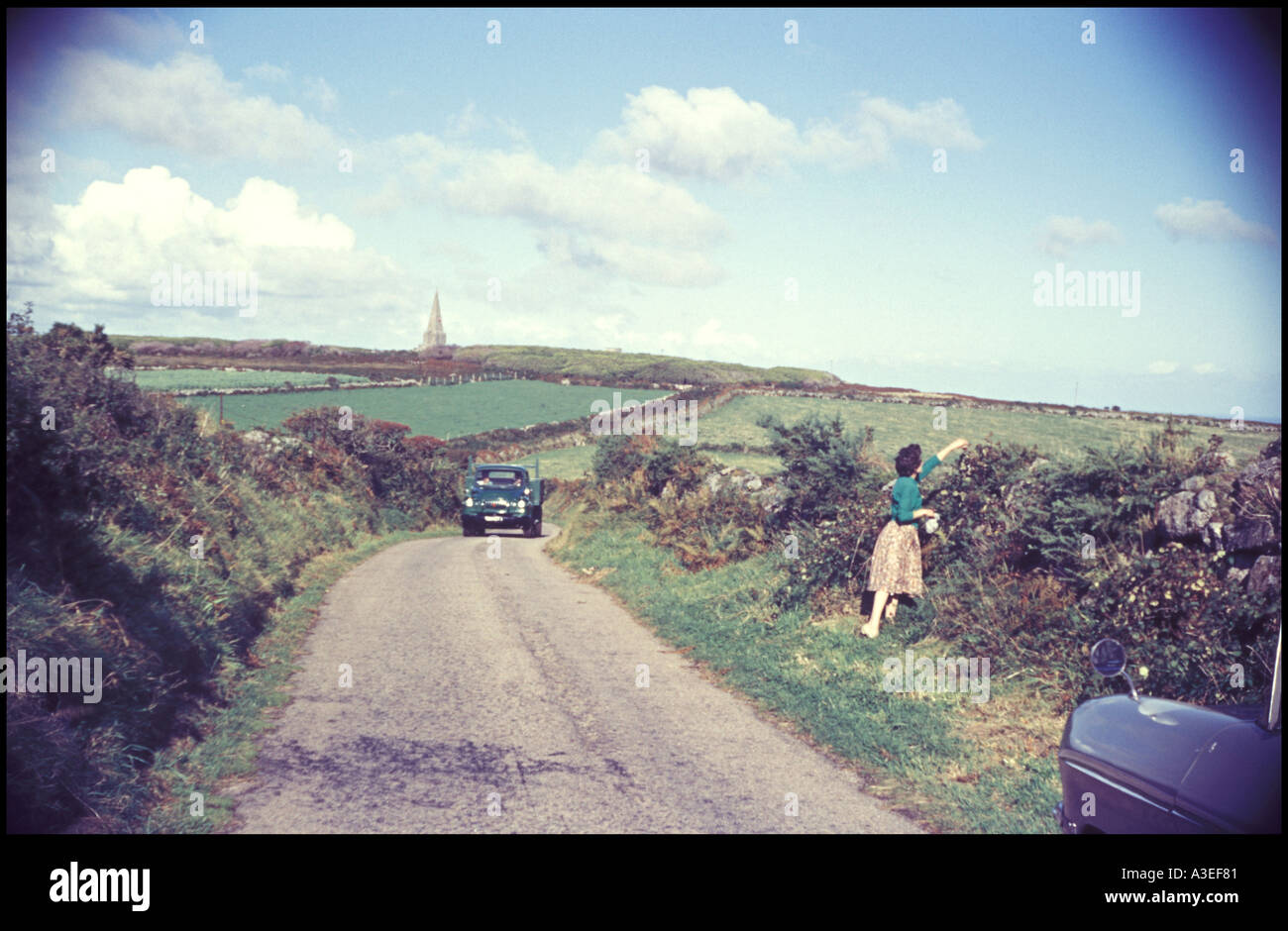 La cueillette des mûres dans un chemin de campagne dans les années 50 ou 60, avec de vieilles voitures, Angleterre Banque D'Images