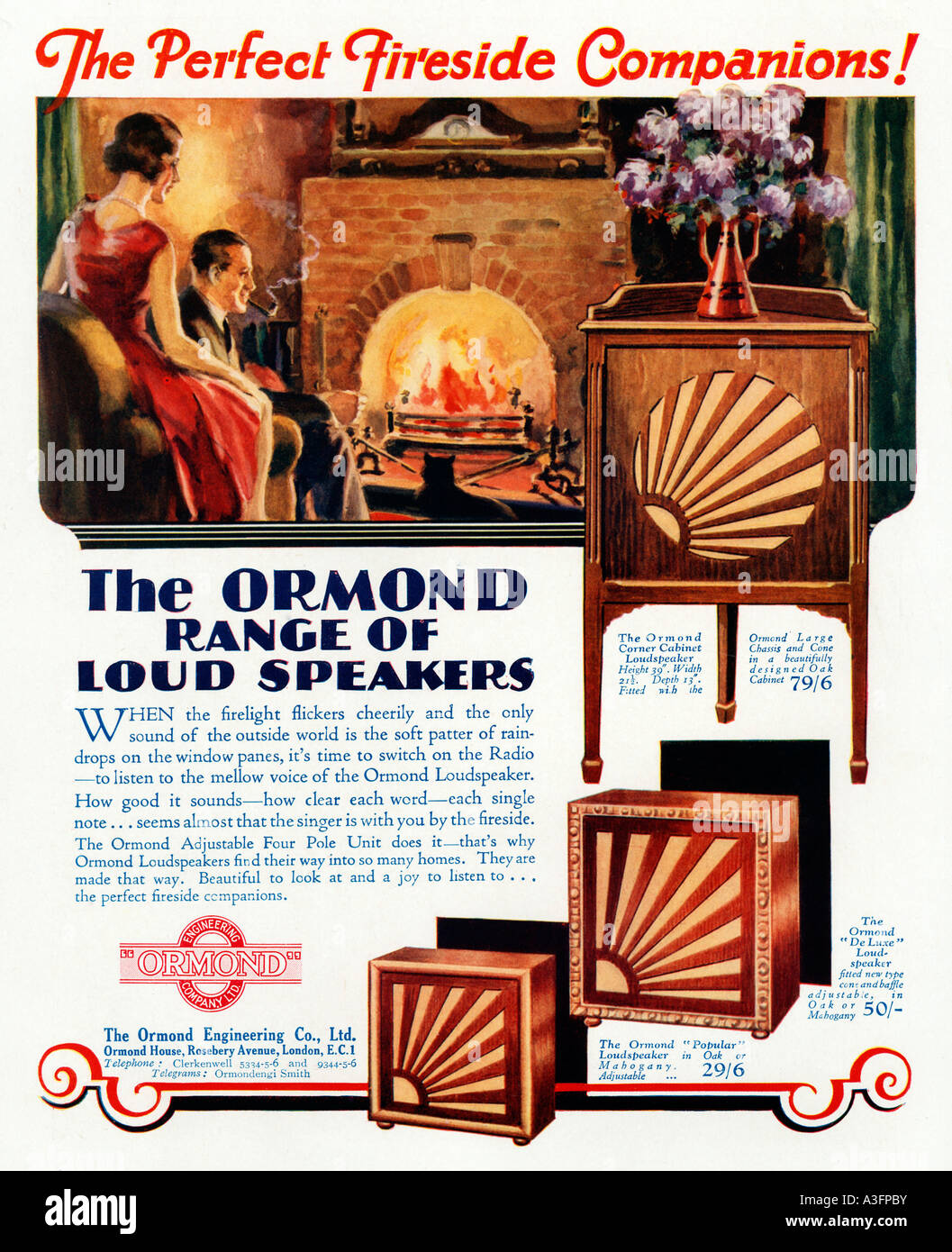 Haut-parleurs Ormond 1930 publicité pour les haut-parleurs haut de gamme le parfait compagnon au coin du feu Banque D'Images