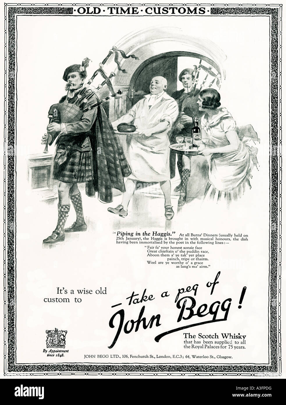 Dans la tuyauterie Haggis John Begg Whisky 1920 annonce pour la scotch illustrant la tradition Burns Night custom Banque D'Images