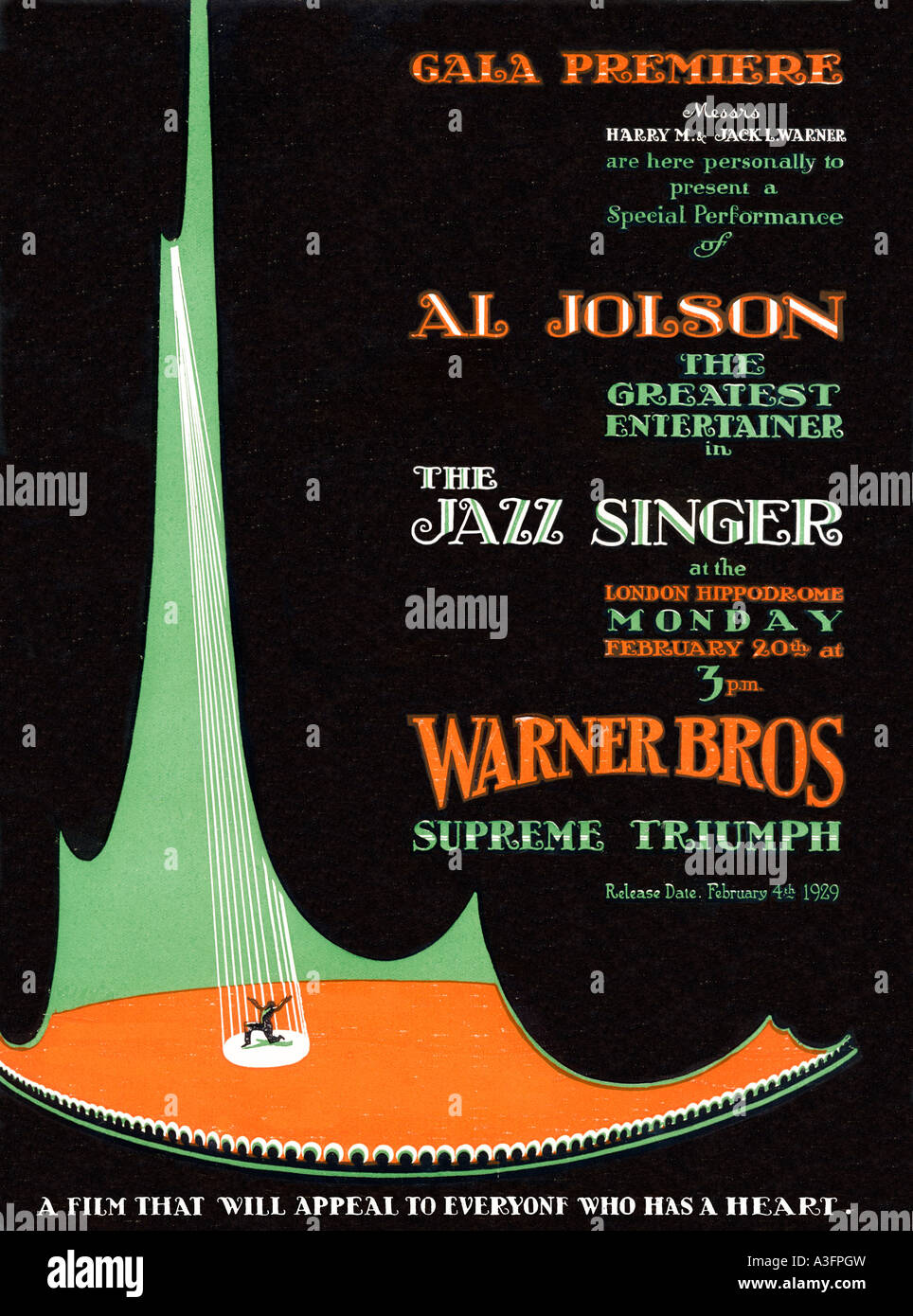 Le Chanteur de jazz 1927 trade annonce pour la première longueur complète son talkie et gala d'avant-première à Londres en 1928 Banque D'Images