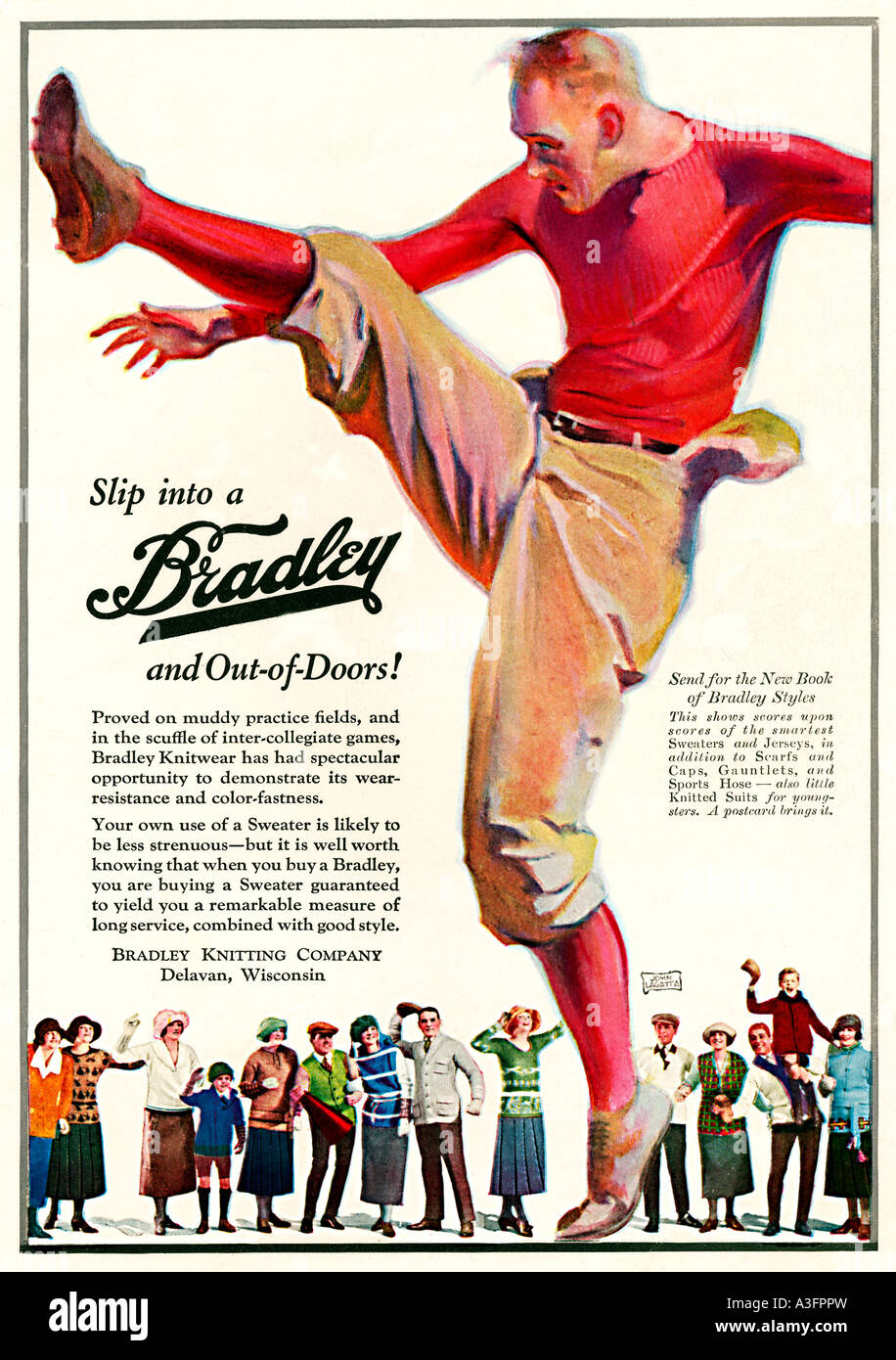 Bradley 1923 Football nous annonce pour l'American mens fashion knitwear prouvé sur les champs de pratique boueux Banque D'Images