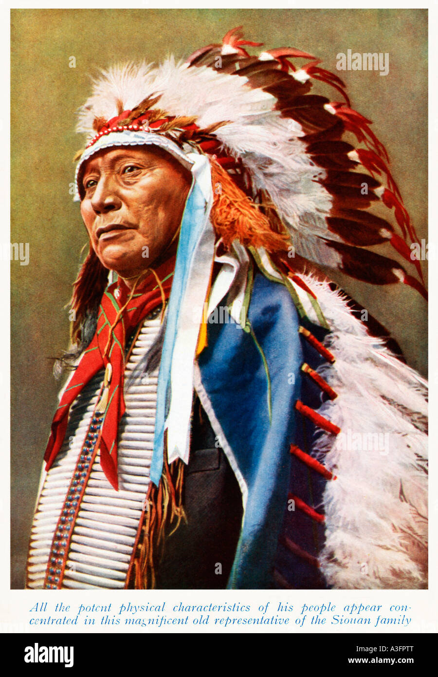 Chef Indien Sioux 1920 photo couleur d'un magnifique ancien représentant de la famille Sioux Banque D'Images