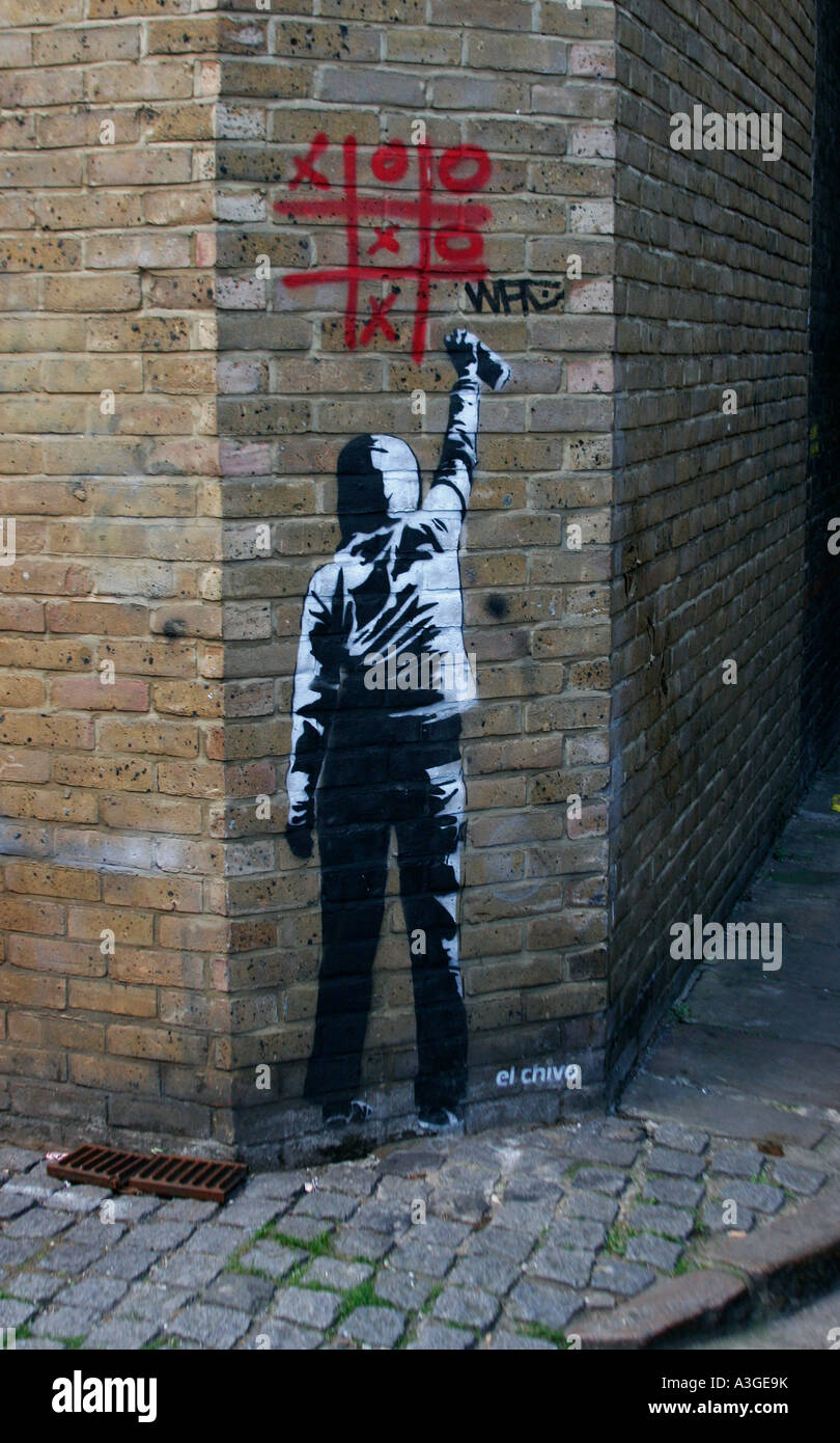 Un pochoir art Graffiti dans Brick Lane, London par Street-artiste El Chivo Banque D'Images
